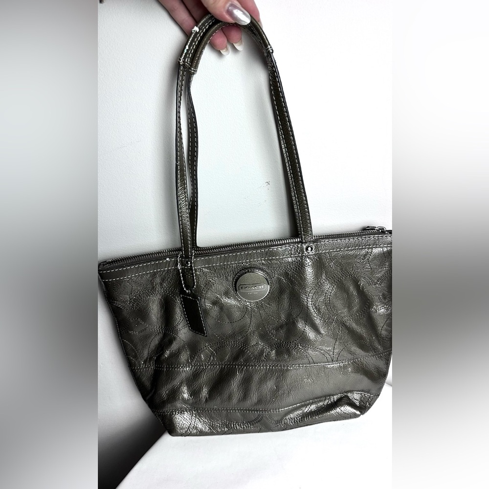 Coach Signature Gray Patent Leather Logo Double Handles Zipper Tote Shoulder Bag